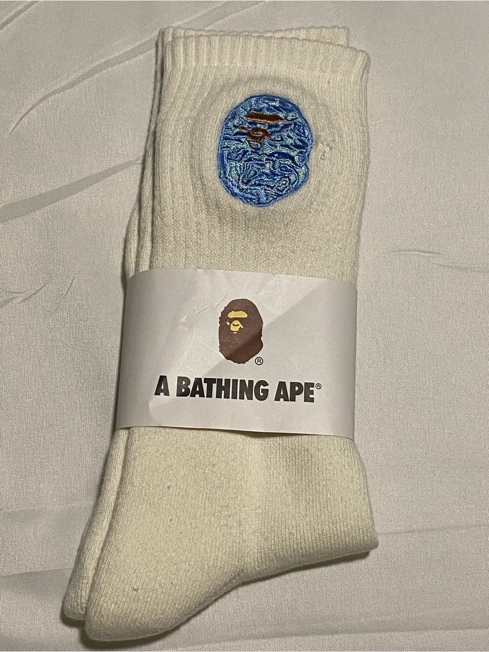 A Bathing Ape White Crew Socks with Blue Logo Patch for Men